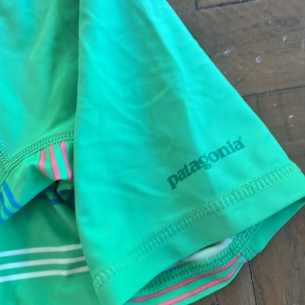 Patagonia green striped short sleeve rash guard